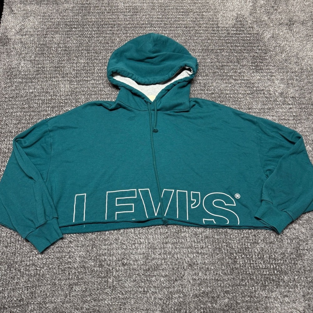 Levis Womens Cropped Hoodie Sweatshirt L Teal Green Logo Pullover‎ Long Sleeve